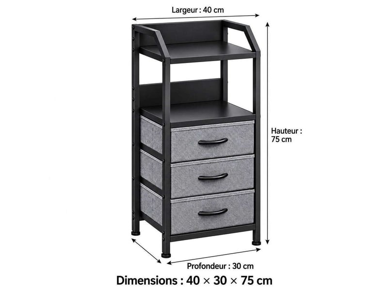  Table de chevet 40x30x75 cm trois tiroirs tissu etagere ouverte gris fonce et noir  - Conforama C