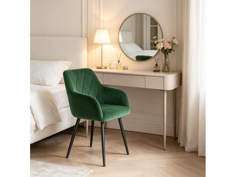  Chaise de salle à manger avec accoudoirs et assise rembourrée, dossier à losanges, en velours et métal vert foncé  - Conforama E