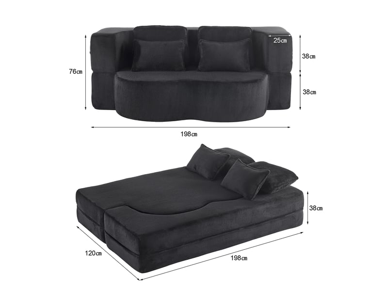  Canapé convertible au sol 2 places avec 4 coussins  - mousse haute densité, tissu velours noir  - Conforama D
