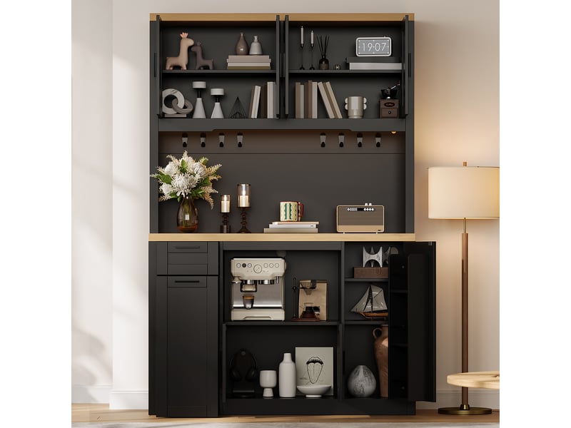  Buffet cuisine avec portes et tiroirs, 120 x 40 x 182 cm, éclairage led, prises, ports usb, crochets et étagères réglables, mdf, noir Morn Vibe - Conforama D