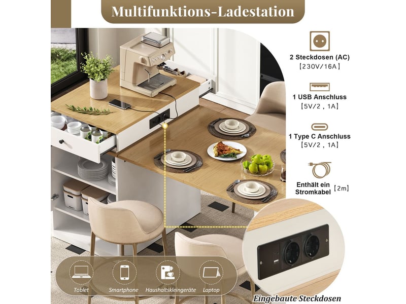 Table extensible plateau amovible bar prises fonction îlot de usage blanc table de salle à manger - Conforama E