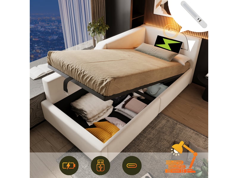  Lit jour avec rangement hydraulique en velours beige 90x190 cm  - Conforama B