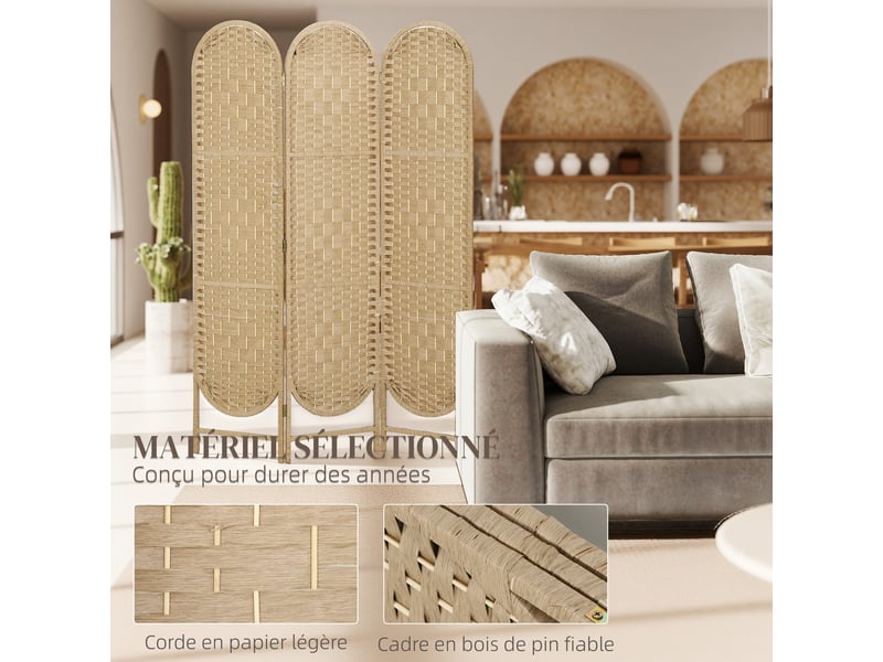 Paravent interieur ovale 3 panneaux 120 x 170 cm séparateur de pièce pliable, bois naturel, léger et tissé  - Conforama R
