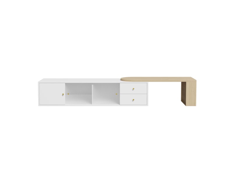 Meuble tv blanc et bois 175 cm, led, 2 tiroirs, 2 portes vitrées coulissantes - Conforama A