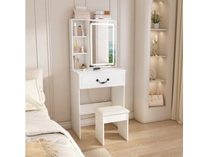 Coiffeuse 60x36x131,5 cm, miroir led et tabouret, table de maquillage compacte, meuble chambre, rangement, mdf blanc