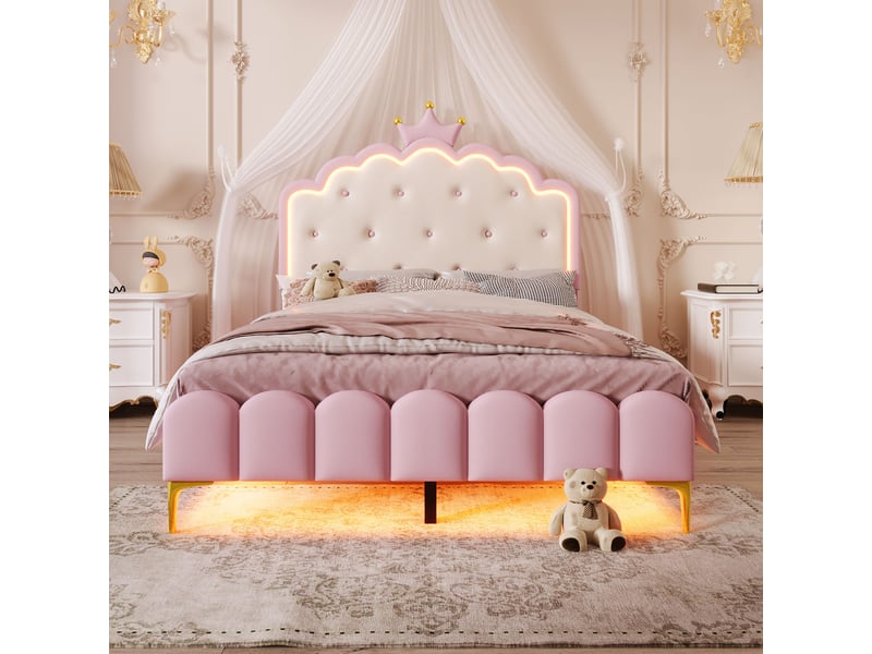  Lit rembourré rose 140x200 cm style princesse avec led et sommier à lattes  - Conforama B