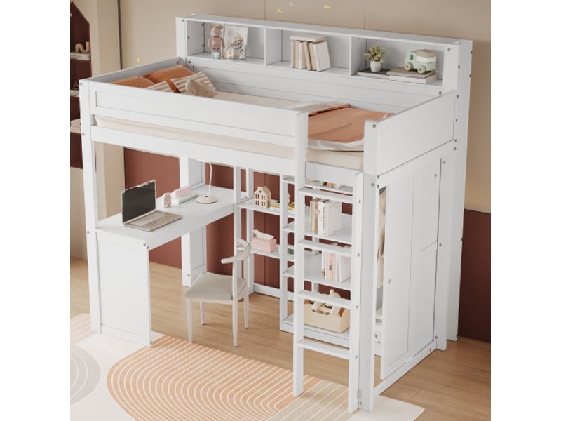 Lit mezzanine 90x200 cm, lit enfant avec table, armoire, grille antichute, étagères et échelle, en bois, blanc, sans matelas  - Conforama C