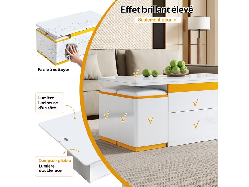 Table basse moderne blanche laquée, table d'appoint élégante, multifonctionnelle, table basse réglable en hauteur, table à mangermeuble de salon pliable, 100 x 50 x 43 cm (l x l x h) - Conforama E