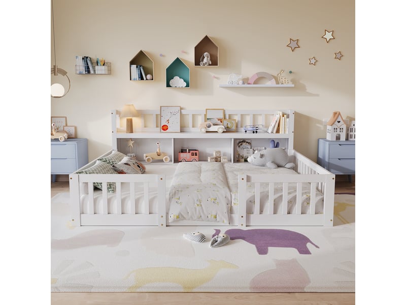  Lit enfant au sol 140x200 cm, lit montessori avec bibliothèque et barrière, lit double, bois, style scandinave moderne, blanc  - Conforama D