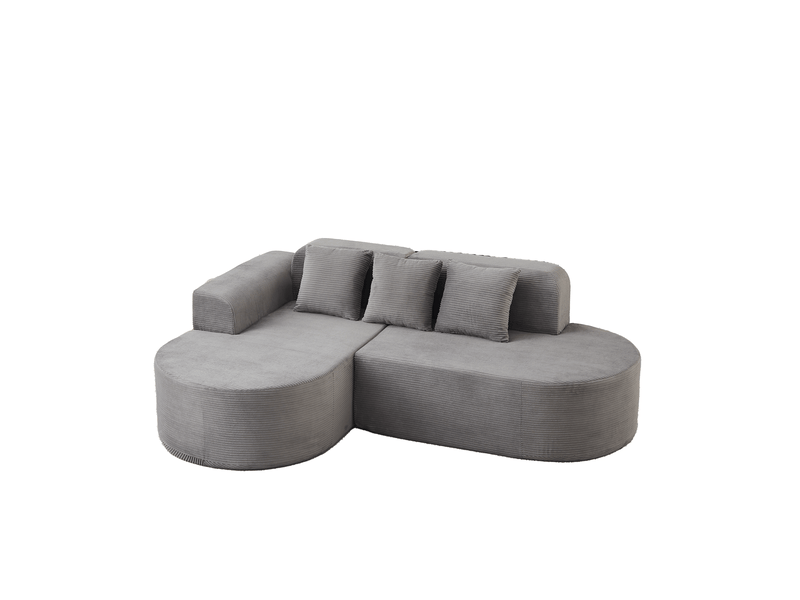 Canapé d'angle 220x155x70 cm gris en velours côtelé, méridienne incurvée et 3 coussins inclus pour salon - Conforama A