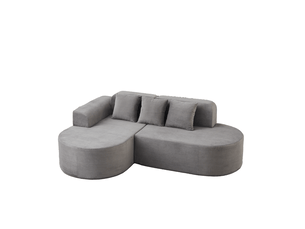Canapé d'angle 220x155x70 cm gris en velours côtelé, méridienne incurvée et 3 coussins inclus pour salon