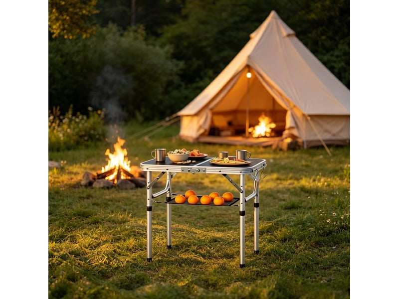 Table de jardin pliante avec filet de rangement amovible, hauteur réglable et poignée de transport pour balcon - Conforama D