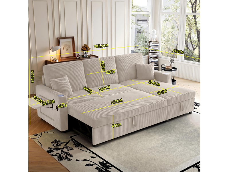  Canapé d'angle convertible 3 places en velours côtelé beige avec rangement, usb et type-c, pour le salon  - Conforama C
