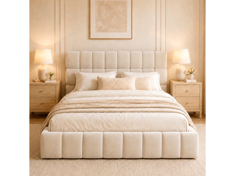  Lit double rembourré 140x200 cm, tête de lit rembourrée, cadre matelassé , pour jeunes et adultes, velours, beige  - Conforama D