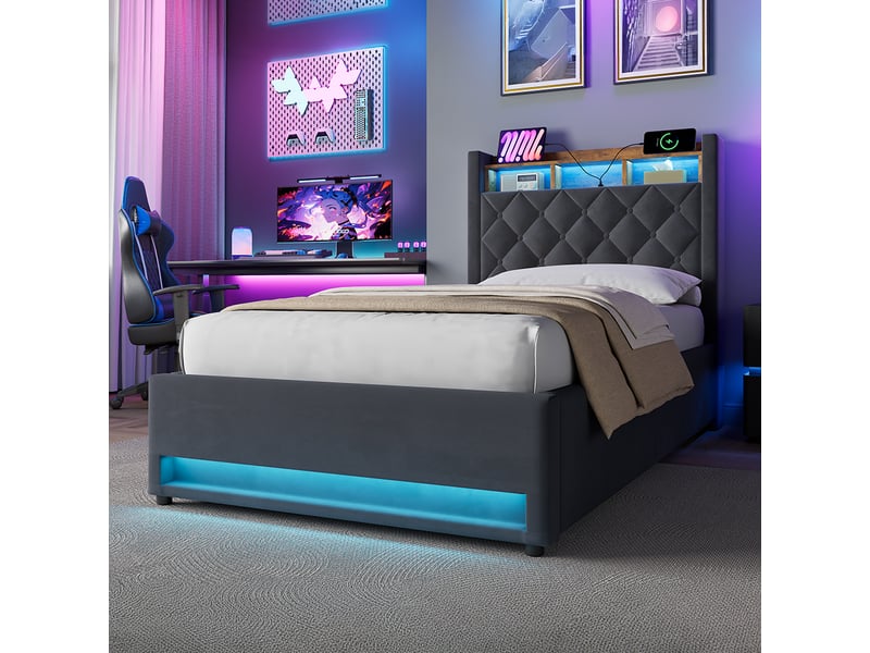  Lit coffre 90x190 cm gris en velours avec led multicolore, usb et rangement intégré  - Conforama C