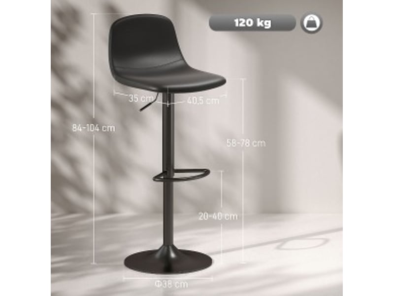  Tabouret de bar pivotant réglable en hauteur avec dossier et repose-pied, lot de 2 en cuir synthétique noir  - Conforama C