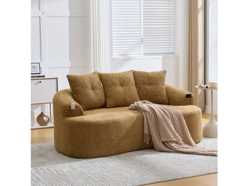 Canapé 2 places 164 x 92 cm jaune moutarde en chenille, assise profonde, 3 coussins décoratifs arrondis - Conforama B