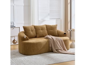 Canapé 2 places 164 x 92 cm jaune moutarde en chenille, assise profonde, 3 coussins décoratifs arrondis