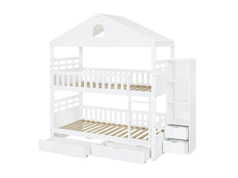 Lit superposé 90x200 cm blanc forme maison avec 2 tiroirs, rangement et barrières - Conforama D