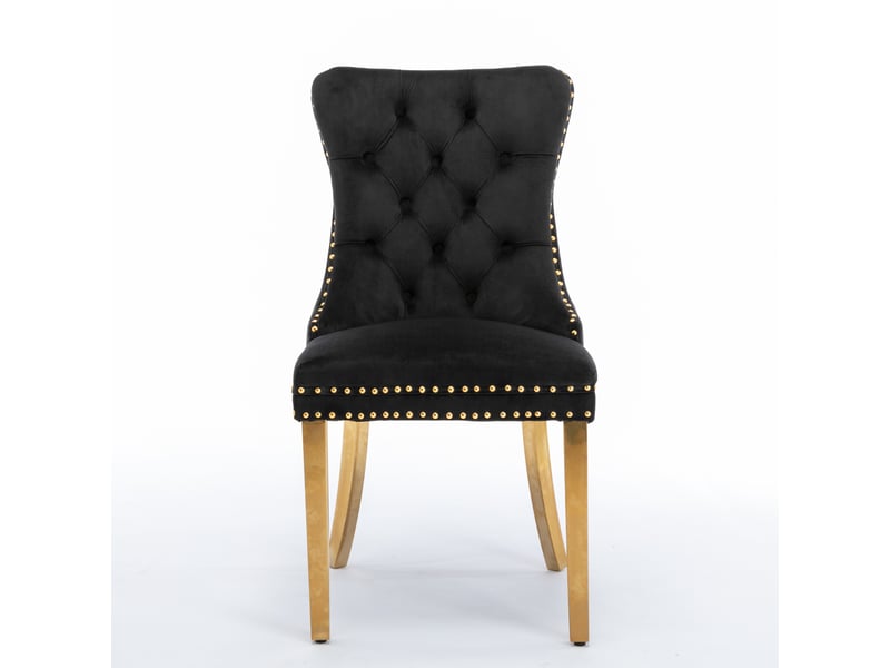  Chaises de salle à manger velours de1601bk noires lot de 2 avec pieds acier doré et clous décoratifs  - Conforama A