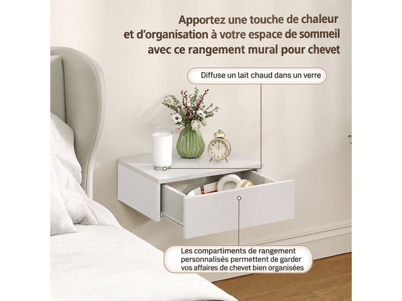  Lot de deux tables de chevet murales avec 1 tiroir chacune, mélaminées, façades blanc brillant, 40 x 30 x 14 cm  - Conforama D