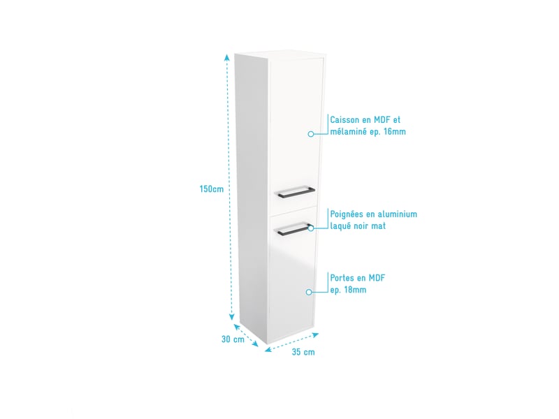 Colonne de salle de bain blanche 30x35x150 cm - 2 portes blanches poignees noir mat - structura p015 - Conforama C