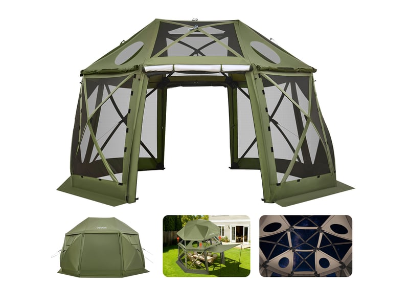  Vevor tente moustiquaire tonnelle pop-up 3,96x3,96 m tente moustiquaire pliante 10-12 personnes 13 cotes abri solaire pour camping famille, terrasse, jardin, avec toit amovible, sac de transport, vert  - Conforama A