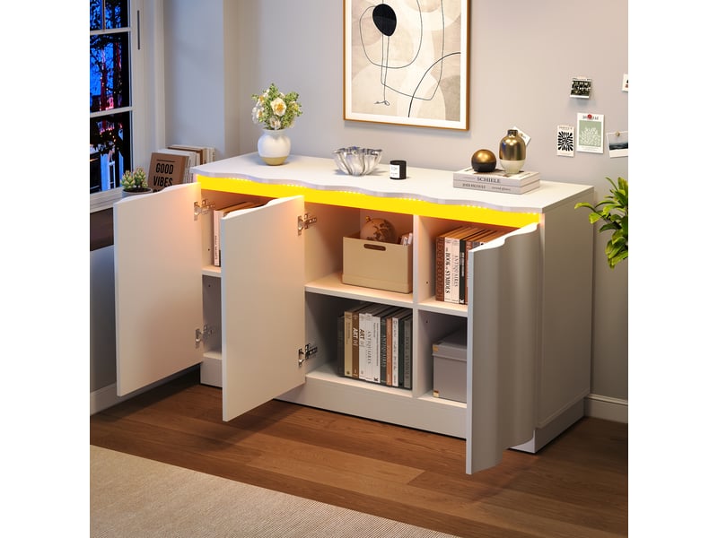  Buffet bas avec led bluetooth et rangements, façade ondulée, blanc – 120 cm IKSETERA TRADING LTD - Conforama E