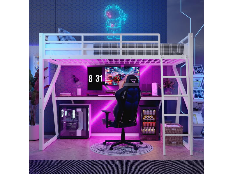 Lit mezzanine enfant 90x200 cm, led, bureau, garde-corps, sommier, métal blanc, sans matelas - Conforama B