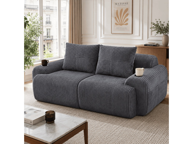 Canapé modulable, canapé de salon – en velours tricoté, porte-gobelets, gris foncé - Conforama D