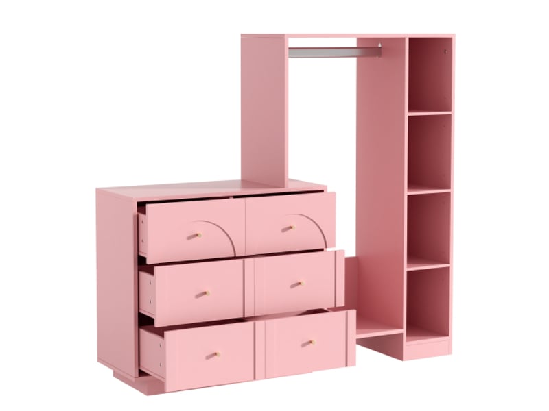  Armoire ouverte rose moderne – tringle, 6 tiroirs et étagères latérales, 139×35×133 cm  - Conforama A