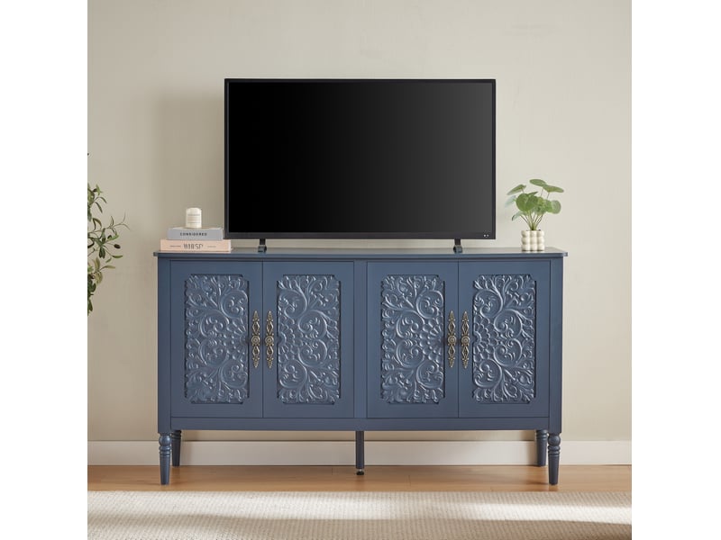  Buffet 160x40x89 cm, avec reliefs sculptés et angles arrondis, panneau de particules, mdf, métal, bleu marine, salon  - Conforama E
