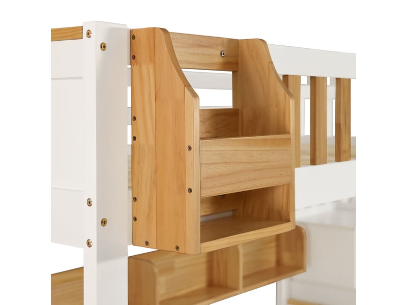  Lit superposé enfant avec escalier rangement, tiroirs &amp; étagères &amp; casiers, lit sécurisé en747 - blanc+naturel, 90x200cm CYQ-N622F951234N - Conforama W