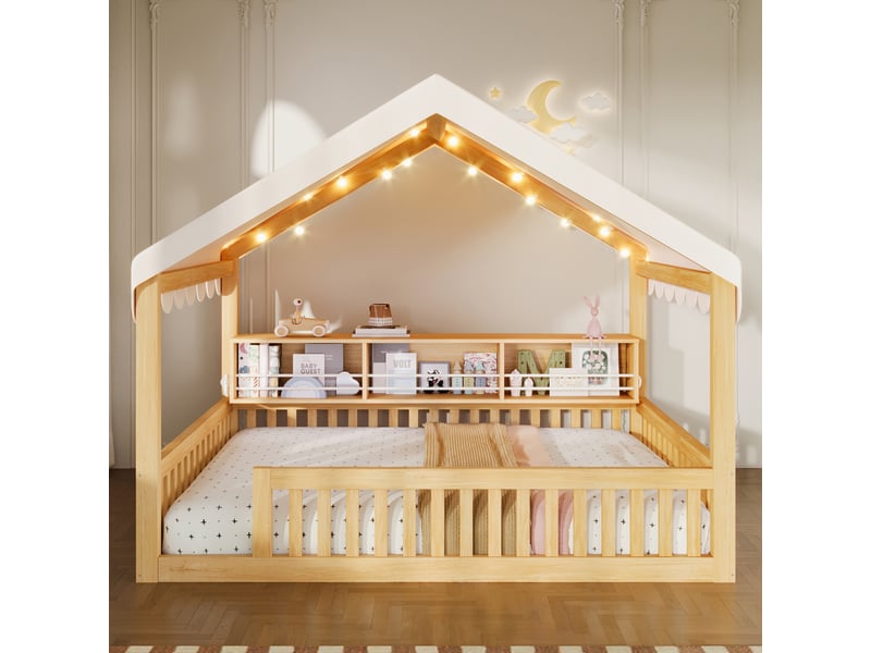  Lit maison 140x200 cm bois naturel, avec baldaquin, led, bibliothèque, garde-corps, structure bois, sommier inclus, sans matelas  - Conforama R