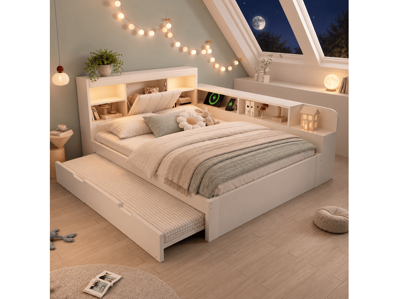  Lit gigogne 140x200 cm avec sommier à lattes, éclairage et prises usb, blanc  - Conforama B