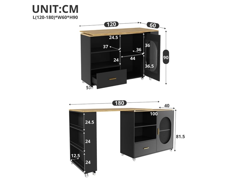  Îlot de cuisine mobile extensible 120-180 cm, plateau pivotant à 360°, mdf noir et bois clair avec rangement  - Conforama C