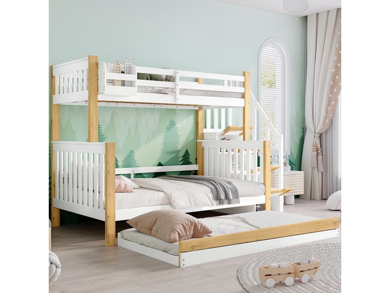  Lit superposé 90120x200 cm enfant - avec lit gigogne et escalier d’angle, barrière de sécurité - sans matelas - bois pin + mdf - blanc et naturel  - Conforama B
