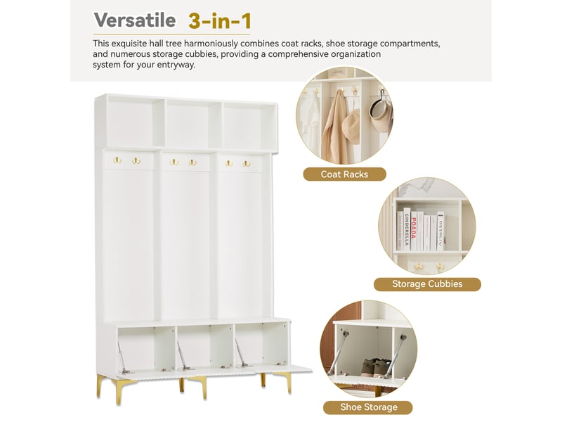  Meuble d'entrée avec banc, rangement ouvert et 6 crochets dorés, en panneaux de particules blanc, 120×23,5×191,5 cm  - Conforama E