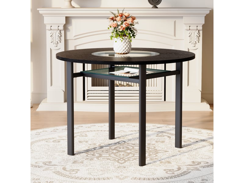  Table de salle à manger ronde 2 à 4 personnes avec étagère en verre, diamètre 100 cm, mdf noir  - Conforama D