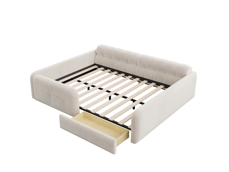  Lit enfant 140x200 cm avec tiroir, veilleuse et usb, en velours beige, sans matelas  - Conforama R
