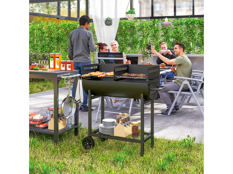  Barbecue au charbon d'extérieur avec grille réglable en hauteur, tablette de rangement et roues, 90x45x96 cm, noir  - Conforama C