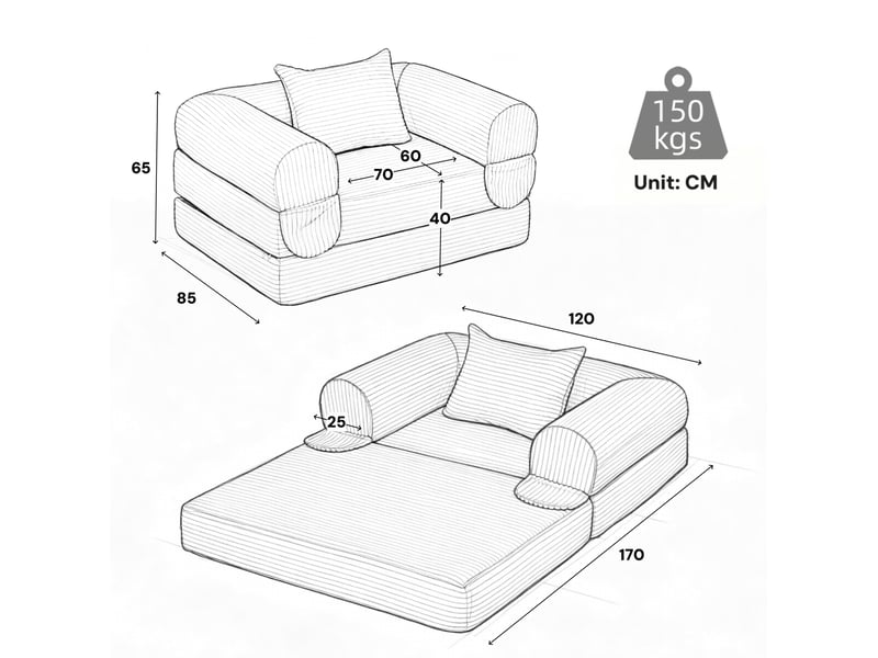  Fauteuil convertible 1 place en velours côtelé orange, 2-en-1 sans outil, avec coussin, pour petit espace  - Conforama C