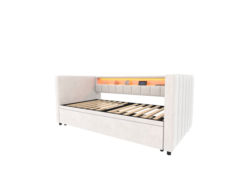 Lit gigogne 90x190 cm avec port usb type-c, éclairage led, étagères de rangement, en velours, sans matelas, beige - Conforama D