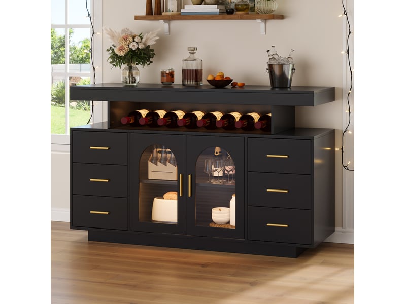  Buffet 140x40x82 cm avec led, 6 tiroirs et 2 portes vitrées noir  - Conforama B
