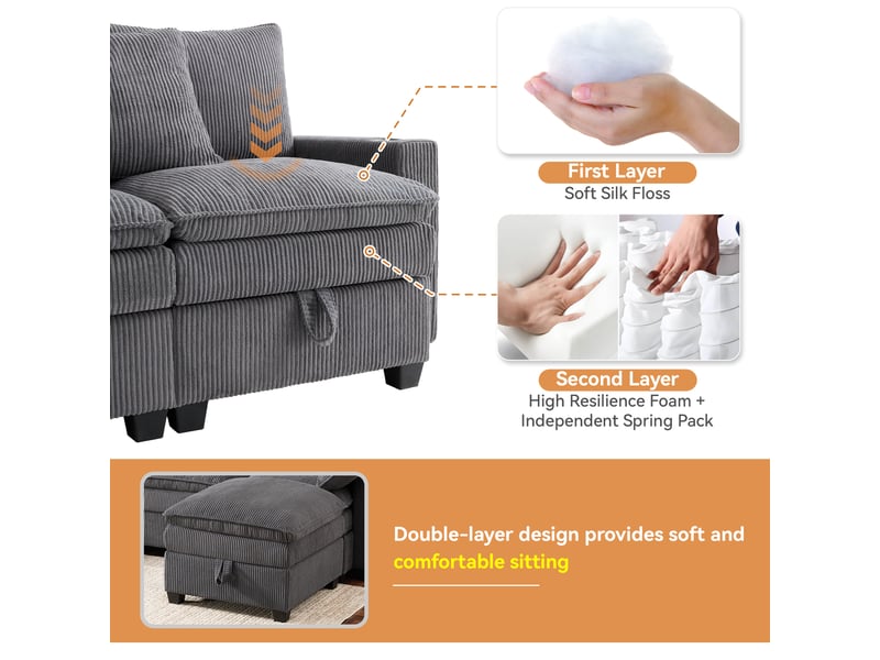  Canapé modulable 5 places en velours côtelé gris, 2 poufs amovibles, usb, rangements, 280×151×82 cm  - Conforama R