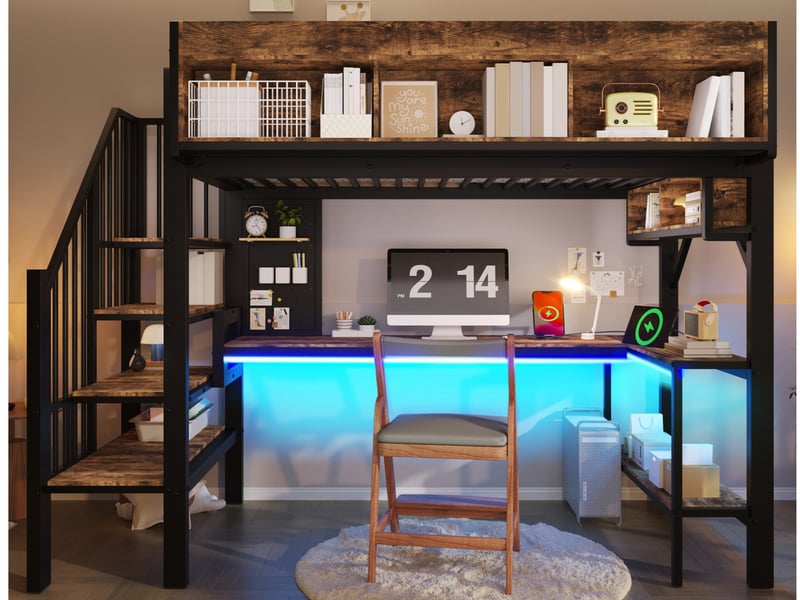  Lit mezzanine,90x200 cm,avec bureau,rangement,prises,usb-c,led,bois,noir et vintage  - Conforama B