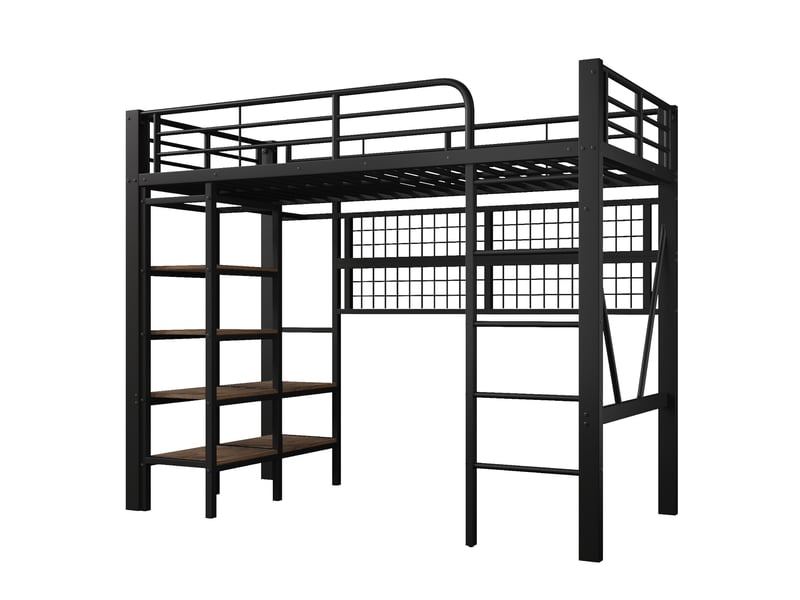 Lit mezzanine 90x200 cm noir avec led, penderie, filet de rangement et espace ouvert - Conforama E