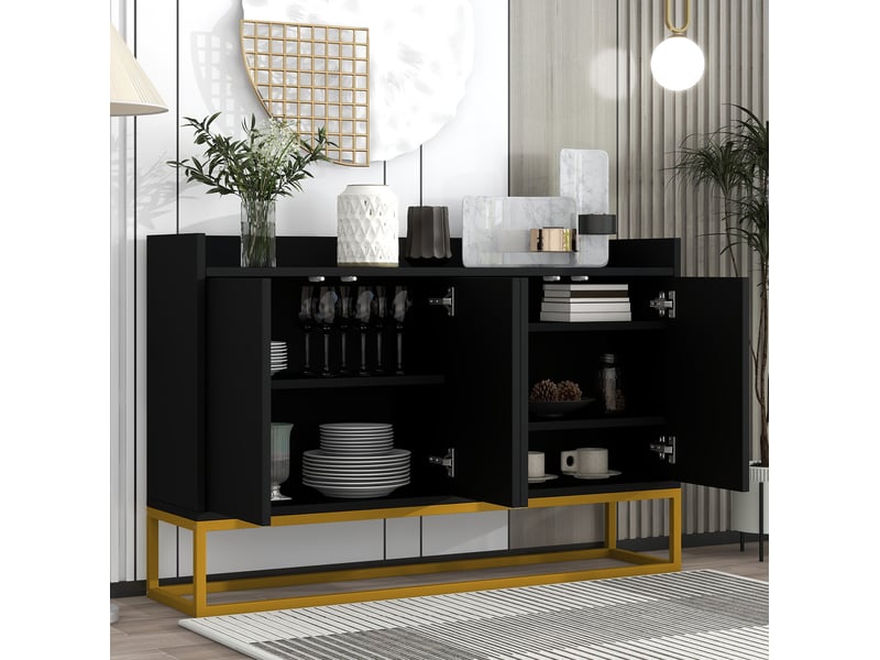 Buffet bas modenvie 4 portes sans poignée 120 x 30 x 80 cm noir avec étagères réglables et structure en métal - Conforama D