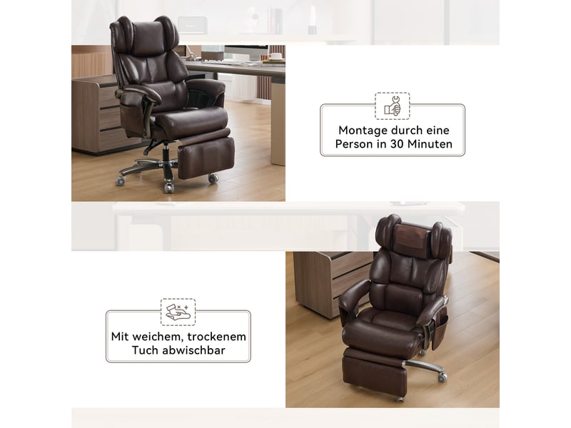  Chaise de bureau pivotante avec massage, chauffage, repose-pieds et dossier inclinable en cuir pu marron  - Conforama E