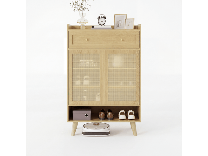  Meuble à chaussures 80x35x105 cm, 2 portes rotin, 1 tiroir, 4 étagères, rangement ouvert, meuble d'entrée, panneau particules - chêne clair  - Conforama A